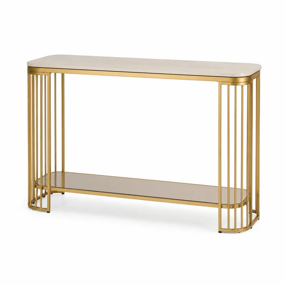 Console en métal doré avec plateau en verre trempé