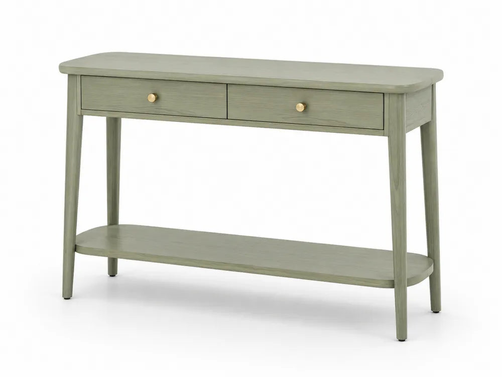 Table console en bois avec tiroirs et étagère en chêne vert kaki