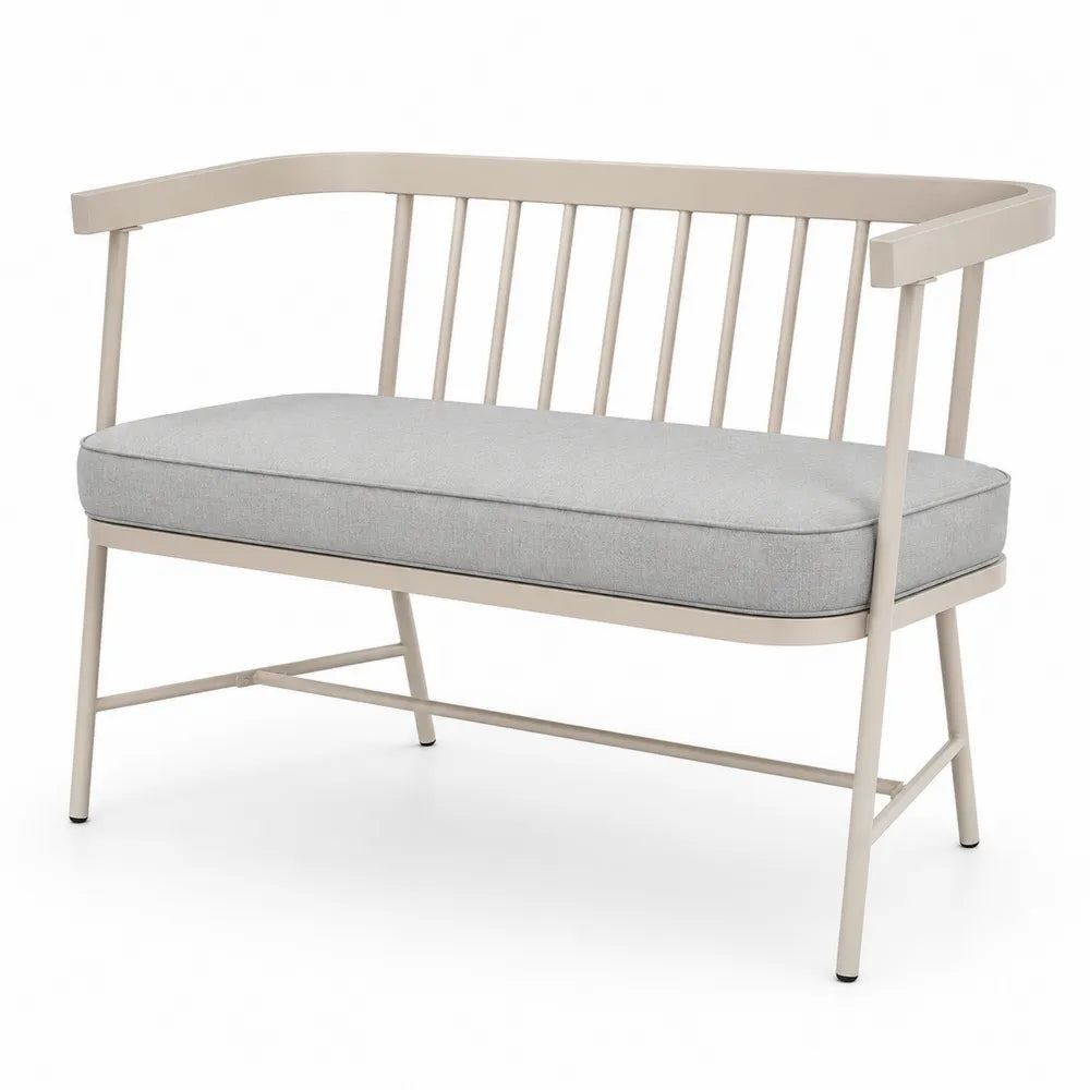 Banc en métal beige avec coussin en tissu gris 120 cm