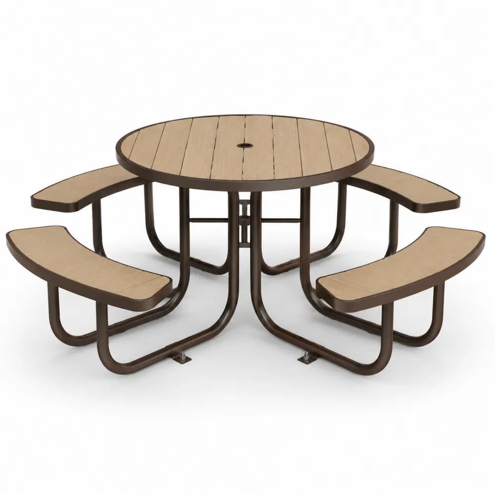 Table ronde extérieure en métal et bois composite avec bancs