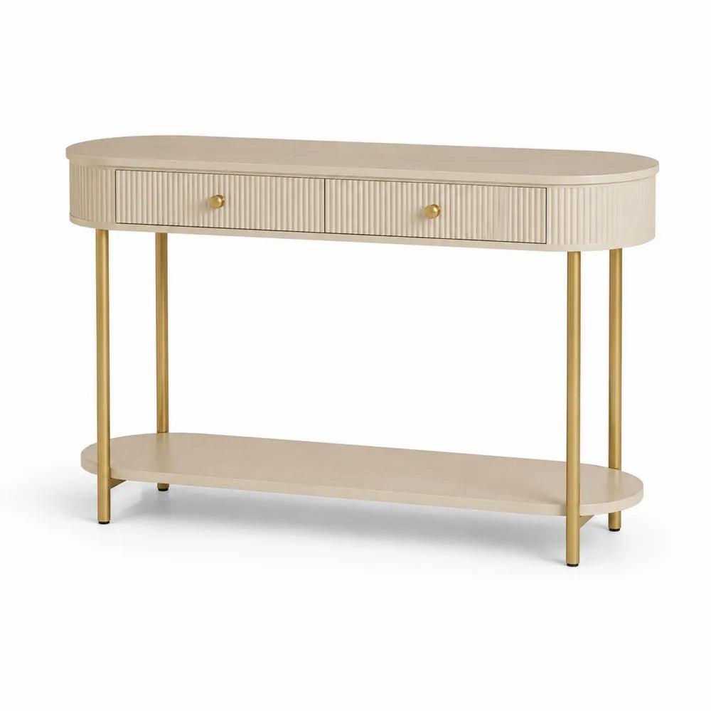 Console ovale en bois MDF et métal doré avec tiroirs 120x40x80cm