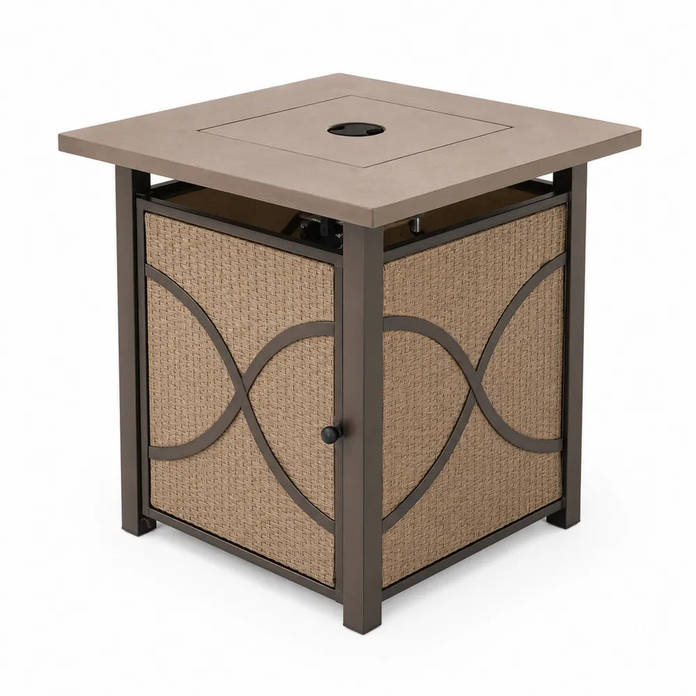Table de feu extérieure en métal et résine tressée beige