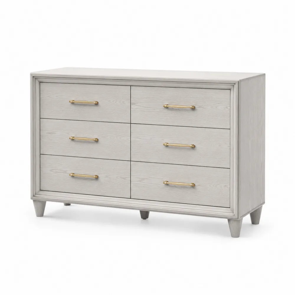 Commode en bois de frêne avec poignées métalliques dorées, 6 tiroirs