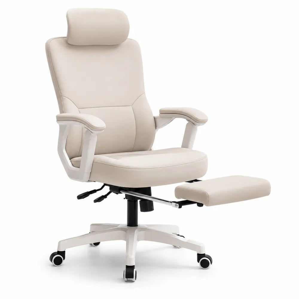 Chaise de bureau en cuir synthétique beige avec repose-pieds réglable