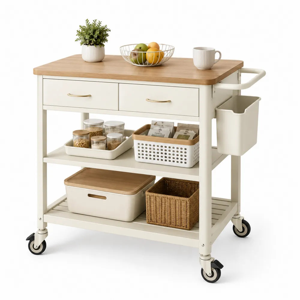 Chariot de cuisine en bois et métal blanc avec roulettes et étagères