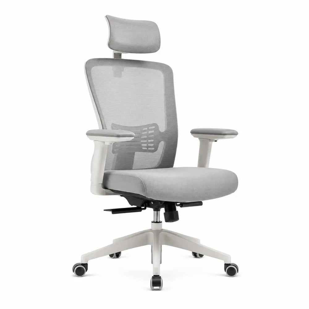 Chaise de bureau en tissu et maille gris avec appui-tête