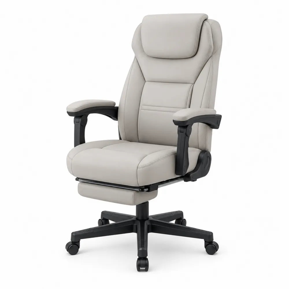 Chaise de bureau en cuir synthétique gris avec repose-pieds