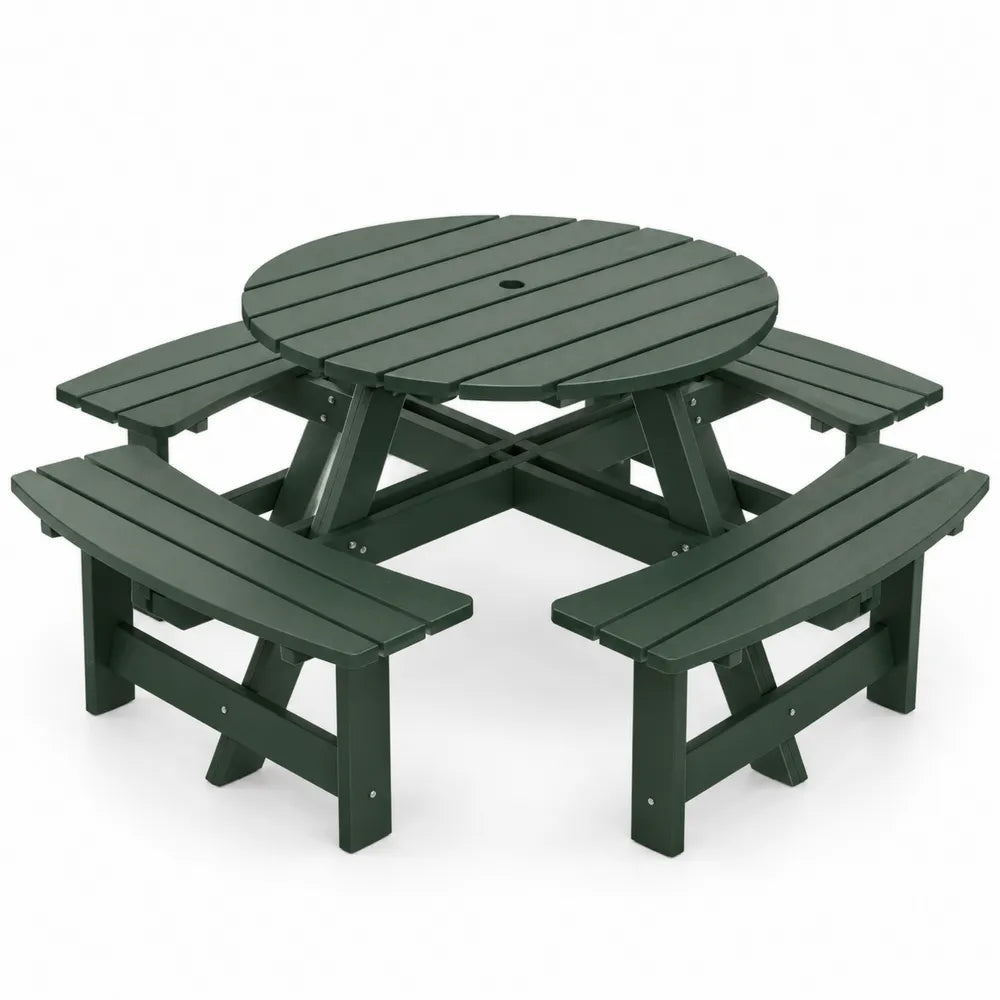 Table de pique-nique ronde en bois avec bancs intégrés - Vert