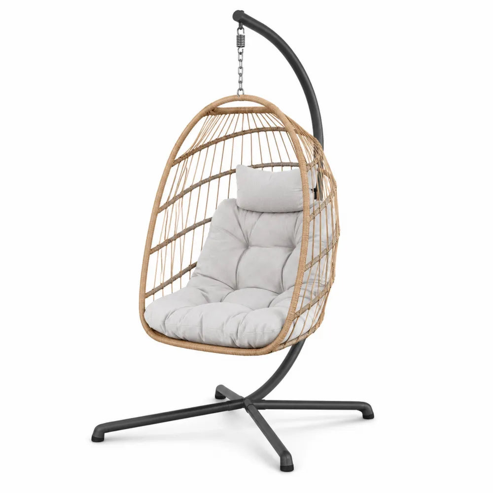 Chaise suspendue en rotin avec coussin en polyester et support en acier