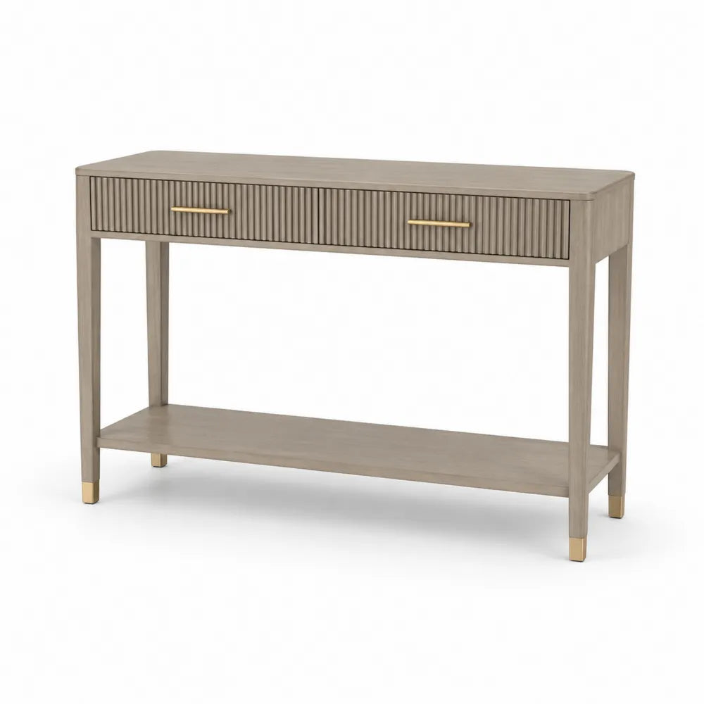 Table console en bois de chêne clair avec poignées dorées