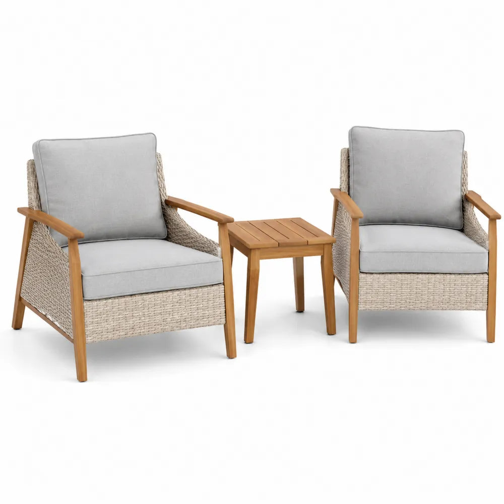 Ensemble de fauteuils en bois avec table en résine tressée gris clair