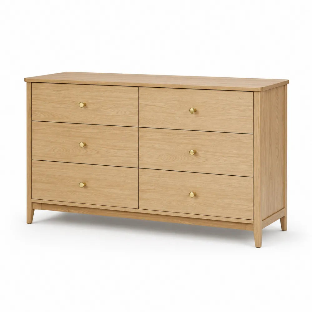 Commode en Bois Chêne Clair avec 6 Tiroirs